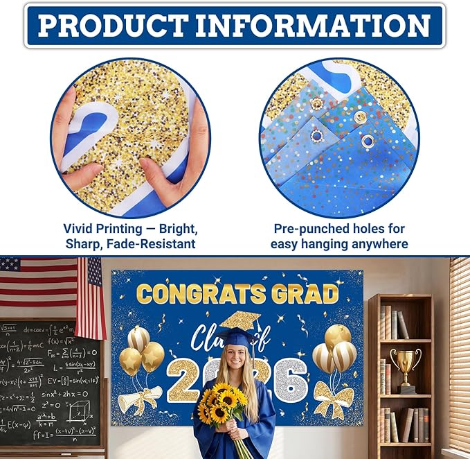 Blue 2026 Graduation Party Decor Kit-Includes Backdrop, Banner, Balloons, Hanging Ornaments & Honeycomb Decorations for Class of 2026 -Full Set for High School and University Graduation Events
