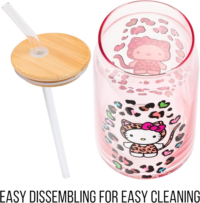 Silver Buffalo Sanrio Hello Kitty in Leopard Print Outfit and Leopard Cat Print Pattern Pink Glass Jar Tumbler with Bamboo Lid and Glass Straw, 16 Ounces