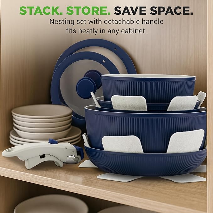 NutriChef 18-Piece Ceramic Cookware Set with Detachable Handles, Space-Saving Nonstick Pots, Pans & Lids, Oven-Safe Bowls, Stackable Storage, Includes Cooking Utensils & Accessories (Blue)