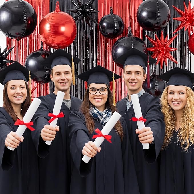 Seenelling 25 Pcs Red and Black Graduation Party Decorations 2026 Sets 22 Inch 4d Large Stars Balloons with Metallic Tinsel Foil Fringe Backdrop Curtains for Birthday Anniversary Wedding Decor
