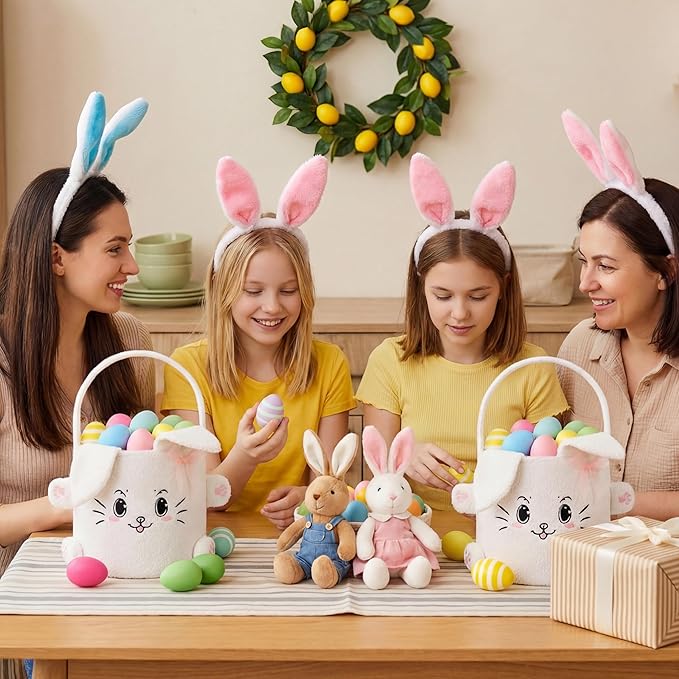 Mimorou 3 Pack Easter Basket Soft Plush Bunny Sherpa Personalized Bucket with Rabbit Ears Decorative Bow Large Bunny Tote Bags Ideal for Egg Hunt, Party Favors(White)