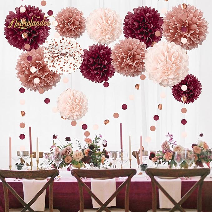 NICROLANDEE Bachelorette Party Decorations - 15Pcs Burgundy Rose Gold Tissue Pom Poms Circle Dots Polka Dot Kit for Valentines, Engagement, Wedding, Bridal Shower, Burgundy Birthday Decorations