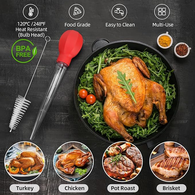 SCHVUBENR Large Turkey Baster with Cleaning Brush - Premium Baster Tool for Cooking - Easy to Use & Clean - Powerful Bulb Baster Syringe - Dishwasher Safe - Thanksgiving, Christmas Essentials - Red