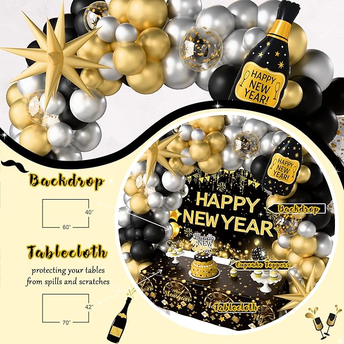 New Year Party Decorations 2026, Happy New Year's Eve Party Supplies Kit, 2026 Gold Black New Year Party Decor with Bckdrop Balloon Garland Tablecloth Balloon Boxes for 2026 Year Party