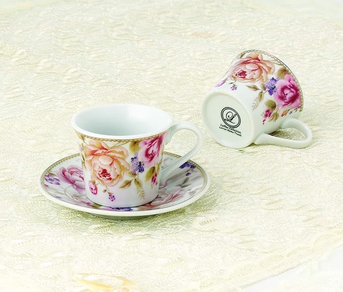 Set of 6 Espresso Cups 2oz. On Metal Stand-Pink and Ivory Flower