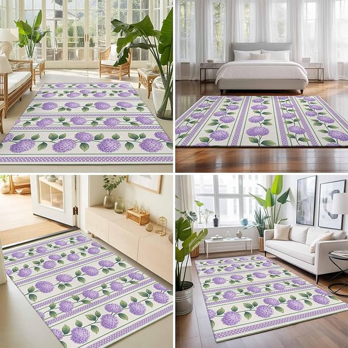 Area Rug 3x5ft, Watercolor Hydrangea Flower Washable Rugs for Living Room Bedroom, Spring Floral Leaves on Linen Soft Non-Slip Area Rugs Rectangle Floor Carpet for Dining Room