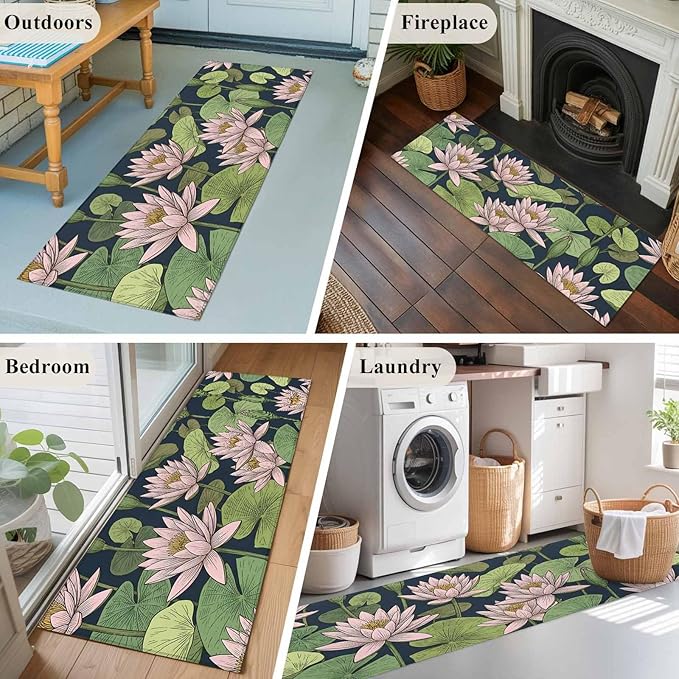 Runner Rug for Bedroom Hallway, Pink Lotus Water Lily Dark Green Leaves Kitchen Runner Rugs Area Rug 2x6ft, Oriental Style Washable Soft Floor Carpet for Entryway Stair