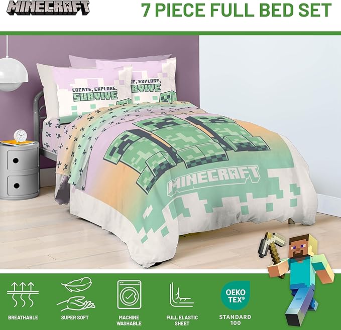 Jay Franco Minecraft Creeper Full Comforter Set - 7 Piece Bedding Includes Sheet Set & Pillow Covers - Super Soft Pink & Green Kids Bedding