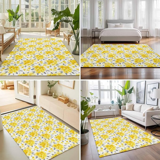 Area Rug 3x5ft, Summer Pastoral Yellow Flower Washable Rugs for Living Room Bedroom, Country Floral Leaf Theme Soft Non-Slip Area Rugs Rectangle Floor Carpet for Dining Room