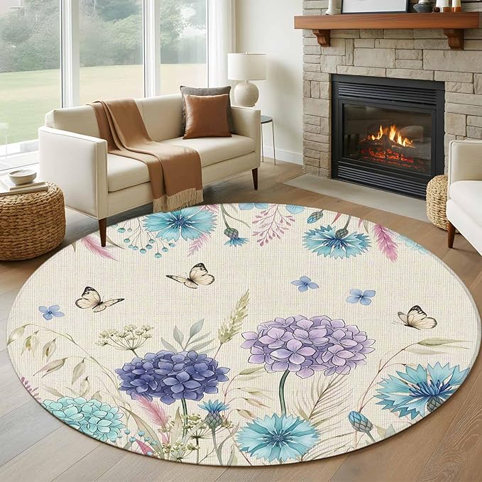 Washable Round Area Rug Farm Blossom Floral Hydrangea Circle Rugs Floor Carpet for Living Room Bedroom, Watercolor Butterfly on Linen Soft Non Slip Round Rug 5ft