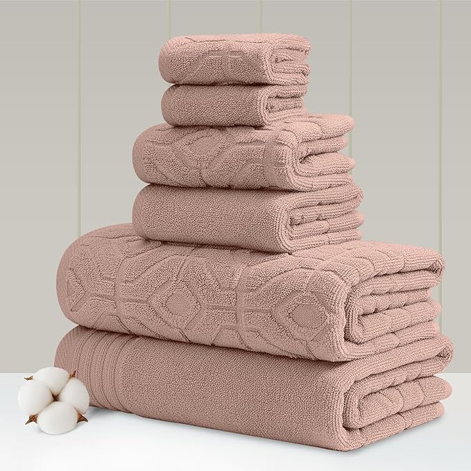 Modern Threads 6 Piece Cotton Bath Towel Set – Ultra Soft 550 GSM Towels – Bathroom Set with Hand Towels and Washcloths – Geometric (Blush)
