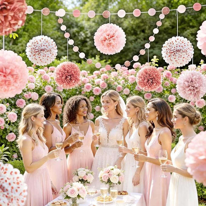 NICROLANDEE Rose Gold Wedding Decorations - 15 PCS Tissue Paper Pom Poms for Engagement Party Wedding Birthday Bridal Shower Bachelorette Dot Paper Garlands Rose Gold Valentines Party Backdrop Decor