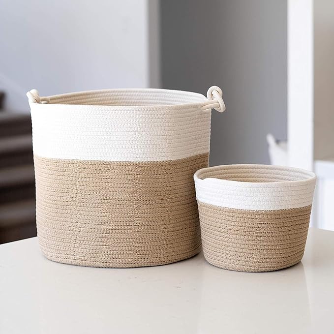Little Hippo 2pc Large Cotton Rope Basket, White (16"x15") 100% Natural Cotton! Laundry Basket, Woven Storage Basket, Blanket Basket Living Room, Toy Storage Basket, Pillow Basket, Round Basket