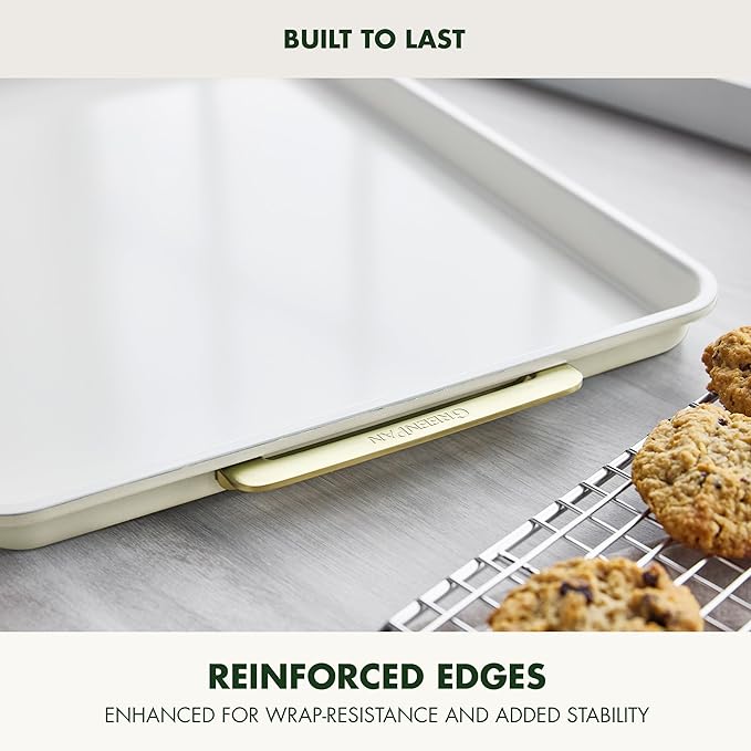 GreenPan Bakeware 13"x18" Half Baking Sheet Pan, Ceramic Nonstick Baking Pan, PFAS & BPA Free, Gold Handles, Durable Steel, Versatile & Space Saving Ovenware, Freezer to Oven Dish, Cream