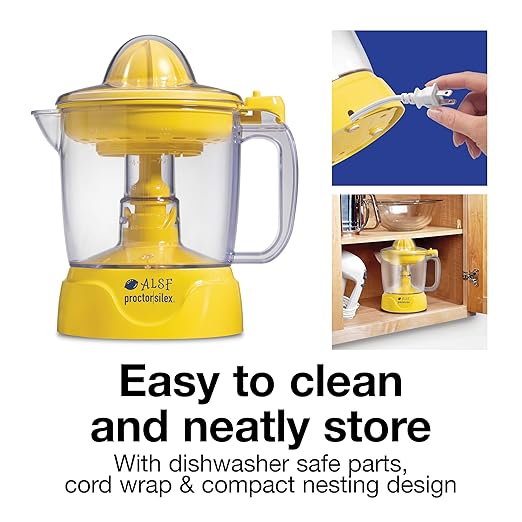 Proctor Silex Alex's Lemonade Stand Electric Citrus Juicer Machine, Large 34 oz. Pitcher, Pressure Activated, for Lemons, Limes and Oranges, 34 oz, Includes 2 Reamers & Recipe Book, Yellow (66341)