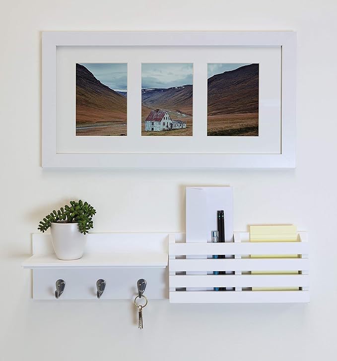 Kiera Grace Sydney Floating Shelf, Modern Wall Mounted Shelf with 3 Metal Hooks and Mail Holder for Home, Office, 24", White, 1Pack