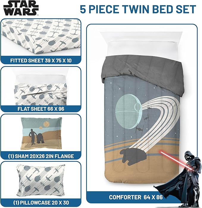 Jay Franco Star Wars Twin Size Comforter Set - 5 Piece Bedding Includes Sheet Set & Pillow Covers - Super Soft Cozy Bedding with Death Star and Millennium Falcon