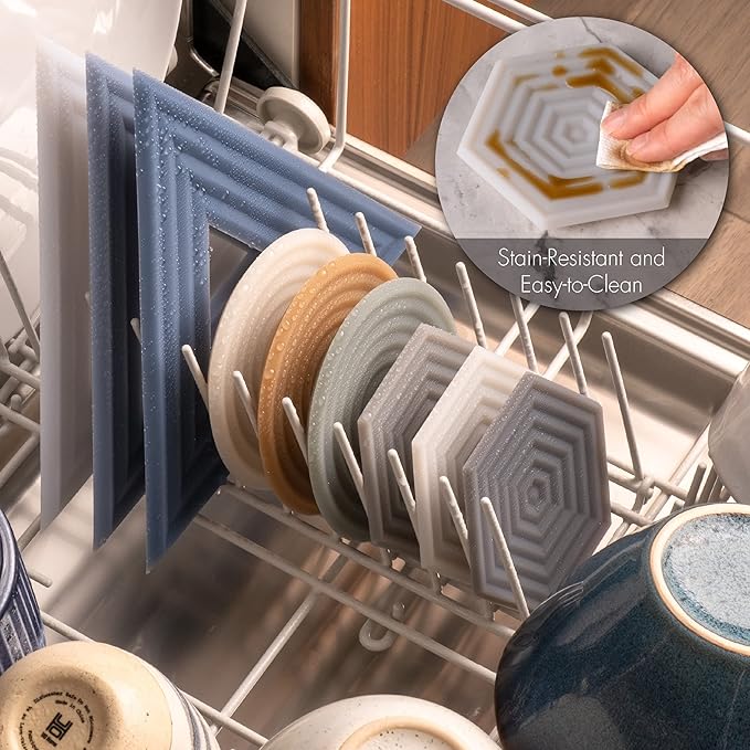 LINE+ARC Extra Thick Silicone Coasters Waterproof Anti-Stain Heat-Safe Dishwasher-Safe Degrē Coasters Original (Set of 6, Indigo Wash) Outdoor Rubber Mid-Century Modern