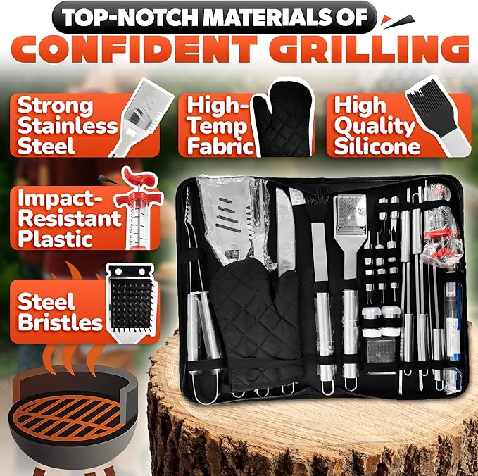 27 Pcs Grill Set for Outdoor Grill – Durable Stainless Steel Barbecue Tool Sets with Case, Thermometer & Mitt – Birthday Ideas for Men, Grill Accessories for Backyard BBQ & Cooking