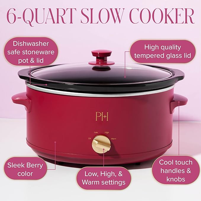 Paris Hilton 6-Quart Manual Slow Cooker, Features Three Settings (Low, High, Warm), Naturally Nonstick and Dishwasher Safe Stoneware Insert, Family Sized Capacity, Berry