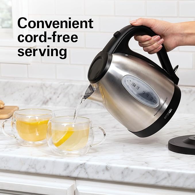 Hamilton Beach Electric Tea Kettle,Water Boiler & Heater,1.7 Liter,Cordless Serving,1500 Watts for Fast Boiling,Auto-Shutoff and Boil-Dry Protection,Stainless Steel (40880),(Pack of 2)