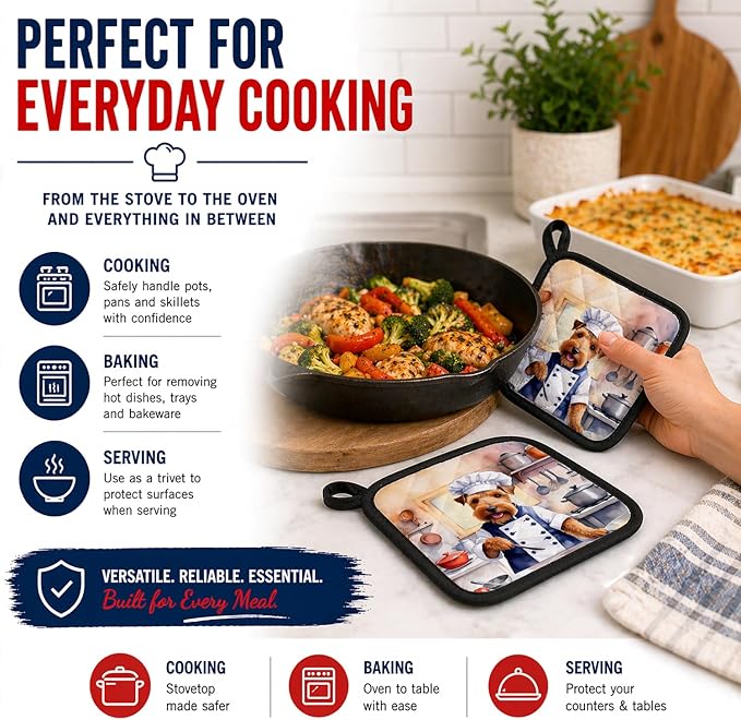 Caroline's Treasures Welsh Terrier The Chef Pair of Pot Holders Kitchen Heat Resistant Pot Holders Sets Oven Hot Pads for Cooking Baking BBQ, 7 1/2 x 7 1/2