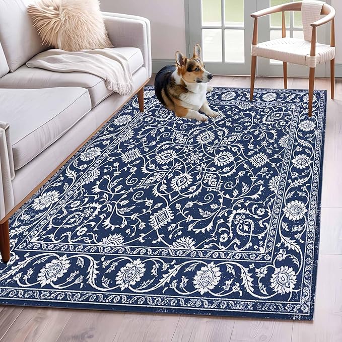 Area Rug 4x6ft, Navy Blue Paisley Floral Texture Washable Rugs for Living Room Bedroom, Vintage Tribe Flower Soft Non-Slip Area Rugs Rectangle Floor Carpet for Dining Room
