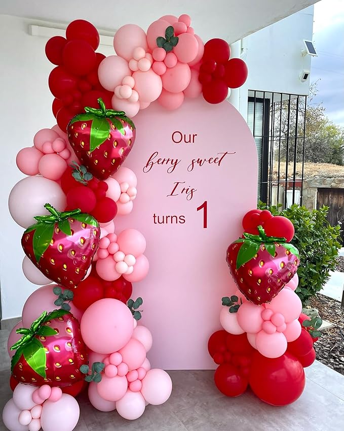 Strawberry Balloons Garland Arch Kit - 153Pcs Different Size Red and Pink Balloons for Girls Sweet One Berry First Birthday Baby Shower Valentine's Day Strawberry Party Decorations