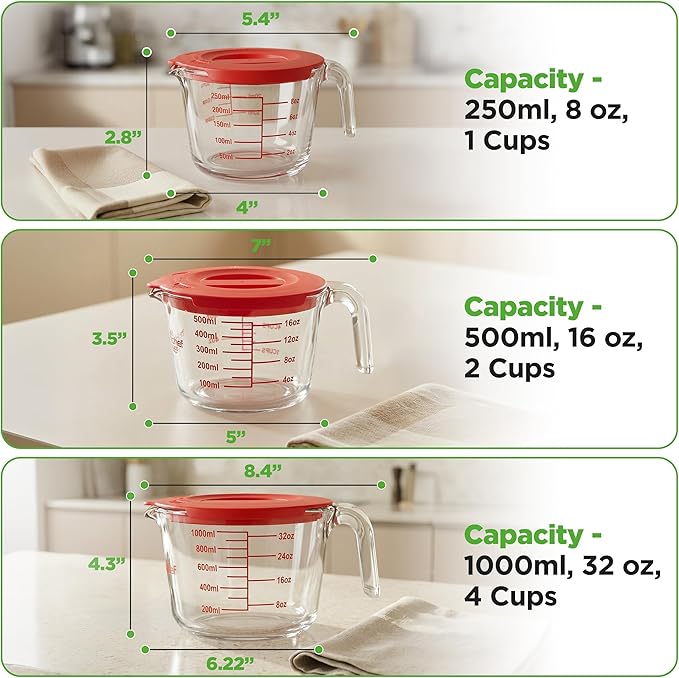 NutriChef 1,2 and 4 Cups Glass Measuring Cup Set with Lids (8, 17 and 34 oz) - Heat-Resistant Borosilicate Liquid Measure Cups with Easy-Read Scale for Cooking, Baking & Food Storage, Dishwasher Safe