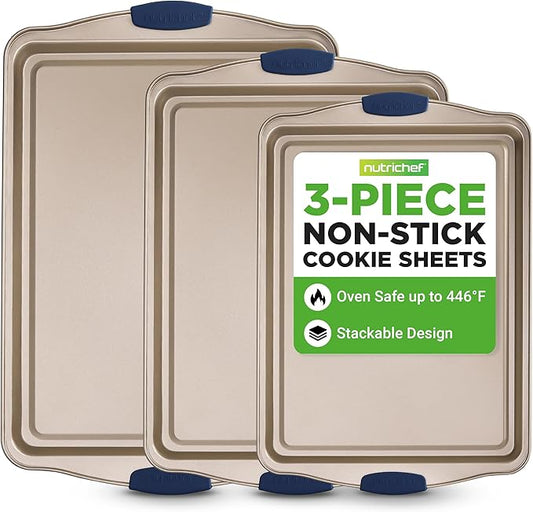 NutriChef Nonstick Baking Pans Set - Carbon Steel Bakeware with Blue Silicone Handles, Even Heat Distribution, Durable & Reliable 3-Piece Cookie Sheet Set in Small, Medium, Large Sizes (Gold)