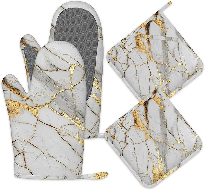 White Gold Marble Oven Mitts and Pot Holders Sets,Silicone Abstract Kitchen Mitts Potholders Heat Resistant 4Pcs Oven Gloves Hot Pads for Kitchen Baking Cooking