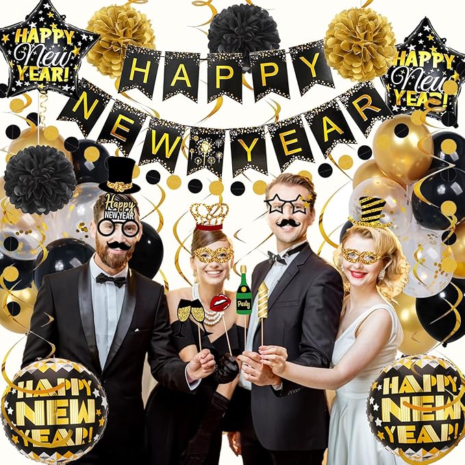 2026 New Years Decorations, Happy New Years Banner and Black Gold Balloons Set, Photo Props and Hanging Swirls, Paper Pompoms, Black and Gold Circle Dot Garland, Eve Party Supplies 2026