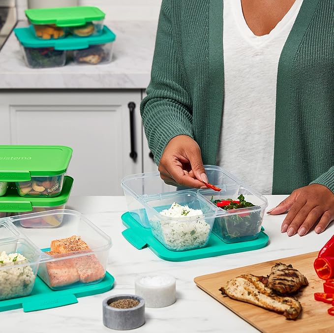 Sistema Nest It Meal Prep Food Storage Containers with Lids, 5-Pack of Large 8-Cup Containers with 3 Divided Compartments, Airtight & Leak-Resistant, Dishwasher, Microwave, & Freezer-Safe, BPA-Free