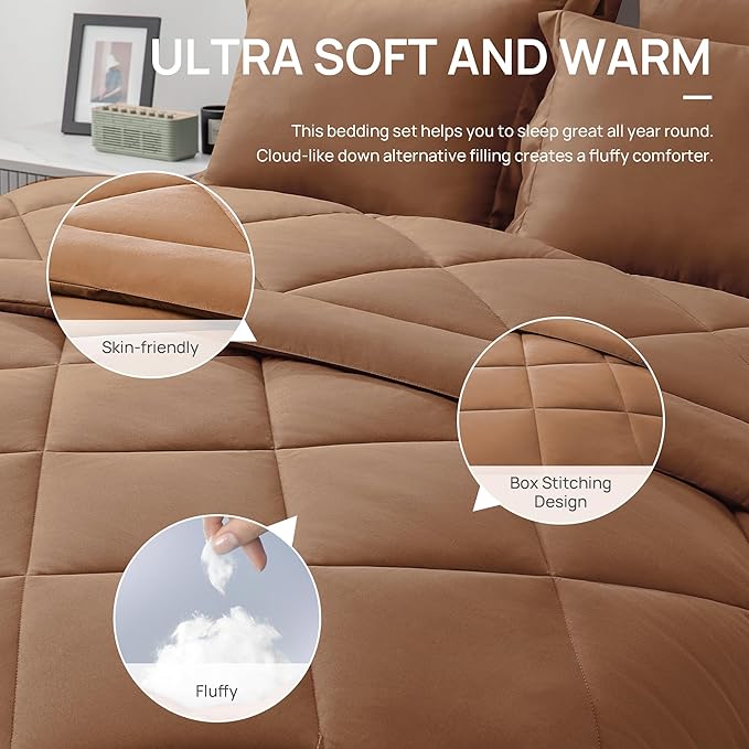 Love's cabin California King Comforter Set Mocha Mousse, 7 Pieces California King Bed in a Bag, All Season Bedding Sets with 1 Comforter, 1 Flat Sheet, 1 Fitted Sheet, 2 Pillowcase and 2 Pillow Sham | Soft, Breathable, Lightweight, Comfortable