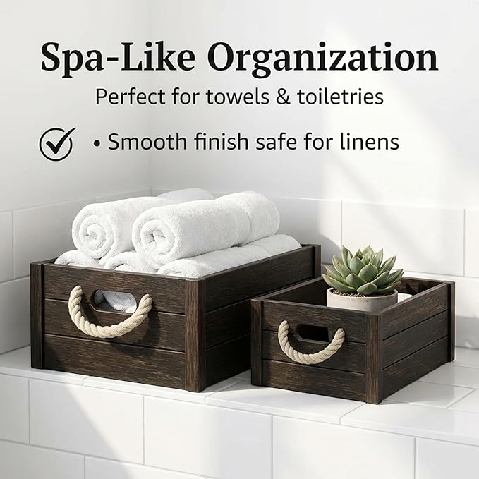 Set of 3 Rustic Nested Wooden Crates with Rope Handles - Decorative Farmhouse Storage Boxes for Kitchen, Living Room & Bathroom - Modern Wood Grain Home Organization