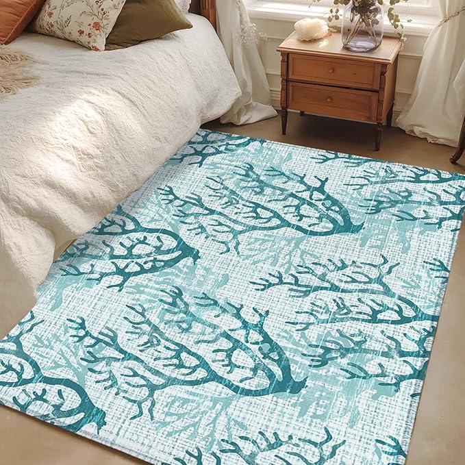 Area Rug 3x5ft, Coastal Sea Coral Retro Linen Washable Rugs for Living Room Bedroom, Underwater Ocean Life Soft Non-Slip Area Rugs Rectangle Floor Carpet for Dining Room