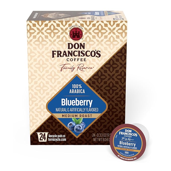 Don Francisco's Blueberry Flavored Coffee Pods, 24 Count, Medium Roast, Compatible with Keurig Brewers