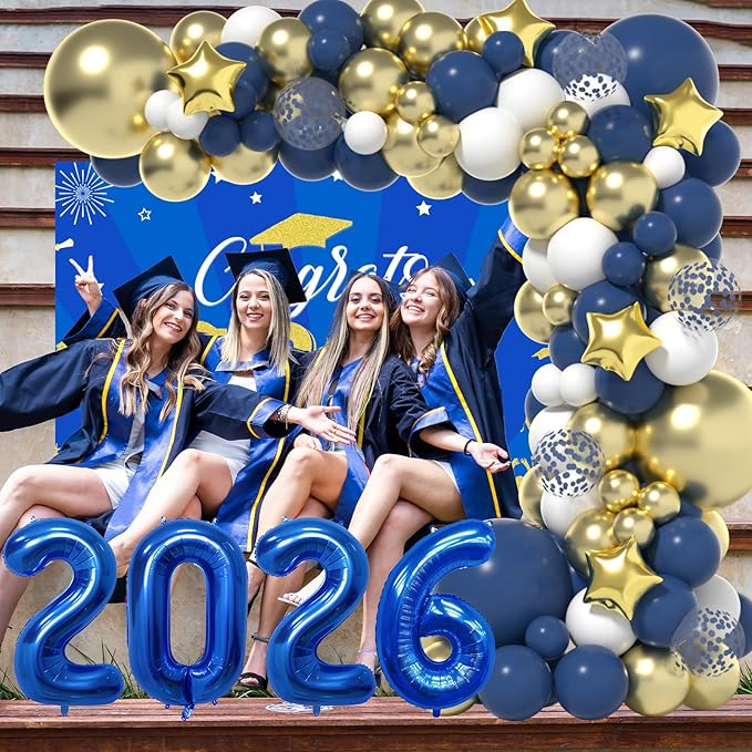 Graduation Decorations Class of 2026: Blue and Gold Graduation Balloons Arch Kit 2026 Grad Party Decorartion with Congrats Grad Backdrop Party Supplies for High School & College Celebrations