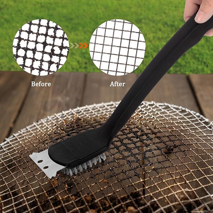 15.75” Grill Brush - Heavy Duty BBQ Scraper with Ergonomic Non-Slip Grip & Steel Bristles, Deep Clean Outdoor Grill Grates Without Bending (Safer, Long Handle)