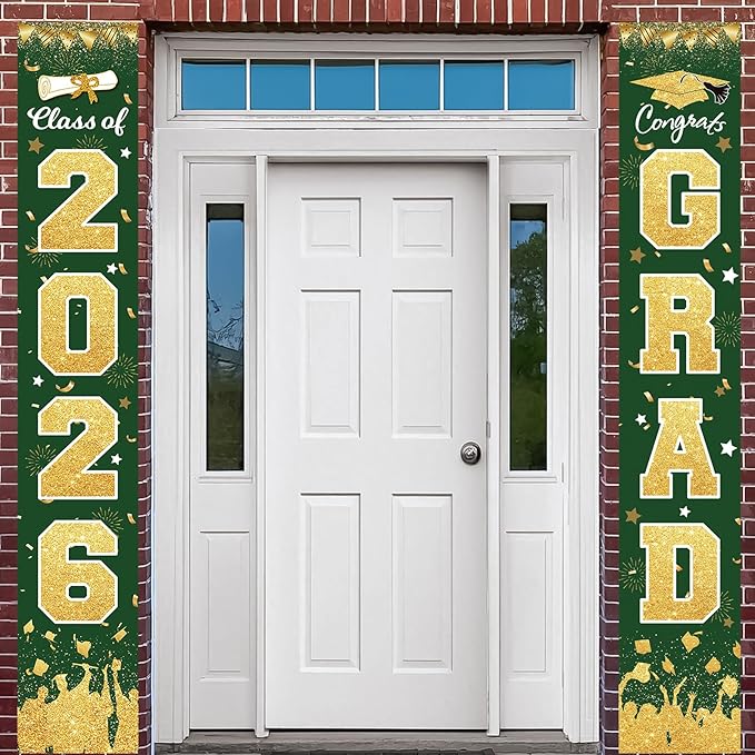 2026 Graduation Party Decorations - Green Gold Class of 2026 Congrats Grad Porch Sign Banner Hanging Flag Graduation Party Supplies for School College Classroom Decor