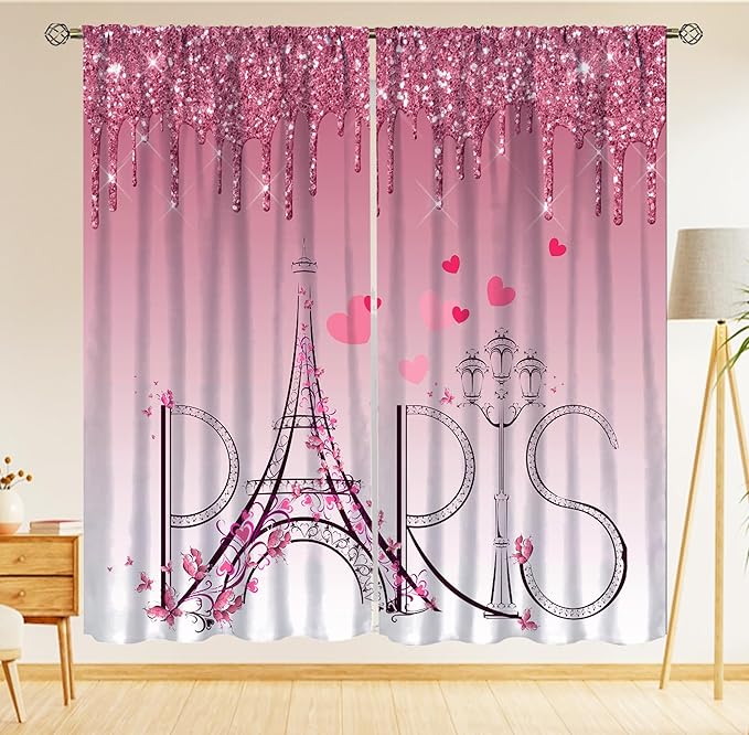 Eiffel Tower Blackout Curtain,Pink Glitter Romantic Paris Floral Abstract Window Treatment Curtains Dining Room Living Room Kitchen Cafe Bedroom Office Drapes,55x63 in