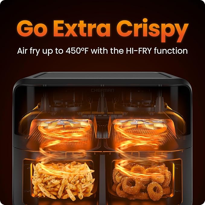 CHEFMAN 6 Quart Dual Basket Air Fryer Oven with Easy View Windows, Sync Finish, Hi-Fry, Auto Shutoff, 2 Independent 3Qt Nonstick Dishwasher Safe Frying Baskets, Digital Double Air Fryer - Black