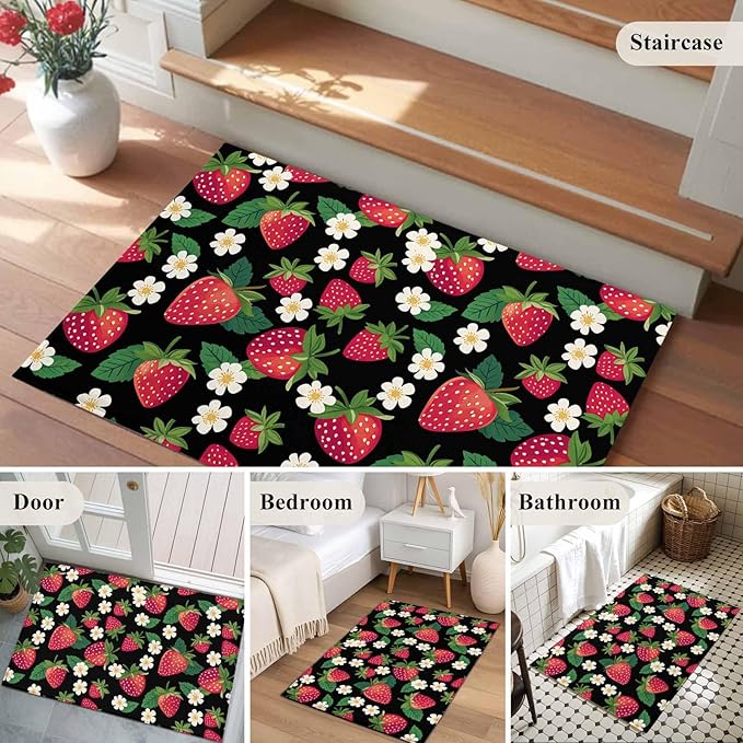 Area Rug 2x3ft, Red Strawberry Litter Flower Leaves on Black Washable Rugs for Living Room Bedroom, Summer Fruit Soft Non-Slip Area Rugs Rectangle Floor Carpet for Dining Room