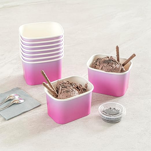 Restaurantware Paper Cups 200 Count 12 Ounce Square Disposable Ice Cream Containers, Leak-Resistant Paper Dessert To Go Cups, Hot And Cold Food, Durable Purple And Blue Ombre Design