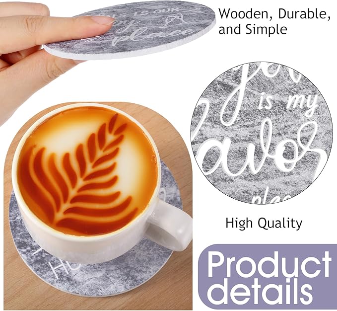 Queekay Coasters Set of 6 House Warming Gifts New Home Wooden Farmhouse Drink Coasters with Holder 4'' Funny Decoration for Kitchen Family Coffee Bar Tabletop Protection(Gray Marble)