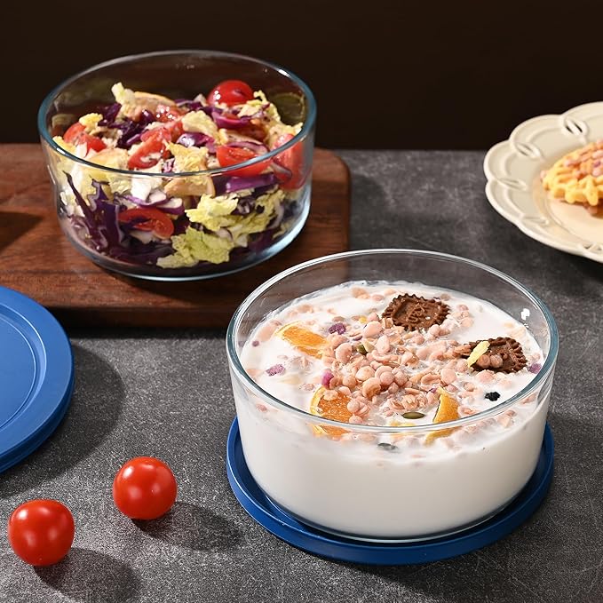 Fox Run Glass Yogurt Containers with Lids, Set of 2 Glass Bowls for Yogurt, Salads and Leftovers, 1 Quart Capacity Each