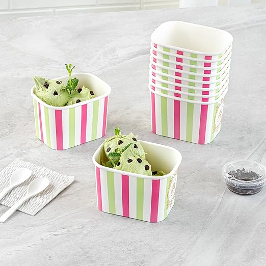 Restaurantware Paper Cups 50 Count 12 Ounce Square Disposable Ice Cream Containers, Leak-Resistant Paper Dessert To Go Cups, Hot And Cold Food, Durable Green And Pink Stripe Design
