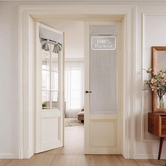 NICETOWN 100% Blackout Linen Door Curtain for French Front Door, Thermal Insulated Room Darkening Window Covering for Kitchen Living Room, Privacy Tie Up Shade, 1 Panel, 26W x 69" L, Light Grey