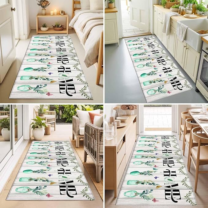 Runner Rug for Bedroom Hallway, Summer Eucalyptus Leaf Colorful Butterfly Kitchen Runner Rugs Area Rug 2x6ft, Home Text Wood Plank Washable Soft Floor Carpet for Entryway Stair