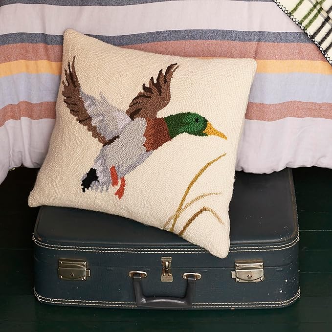 Camp Wandawega Mallard Duck Wool Hook Throw Pillow - Vintage Lodge Cabin Decorative Pillow, Hand-Hooked Oblong 16 x 20 Inch, Lake House Rustic Hunting Decor by Makers Collective